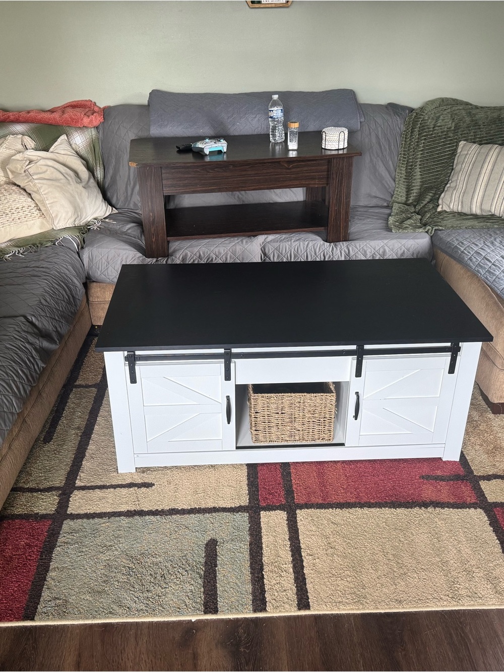 White and Black Sliding Door Storage Coffee Table with Basket